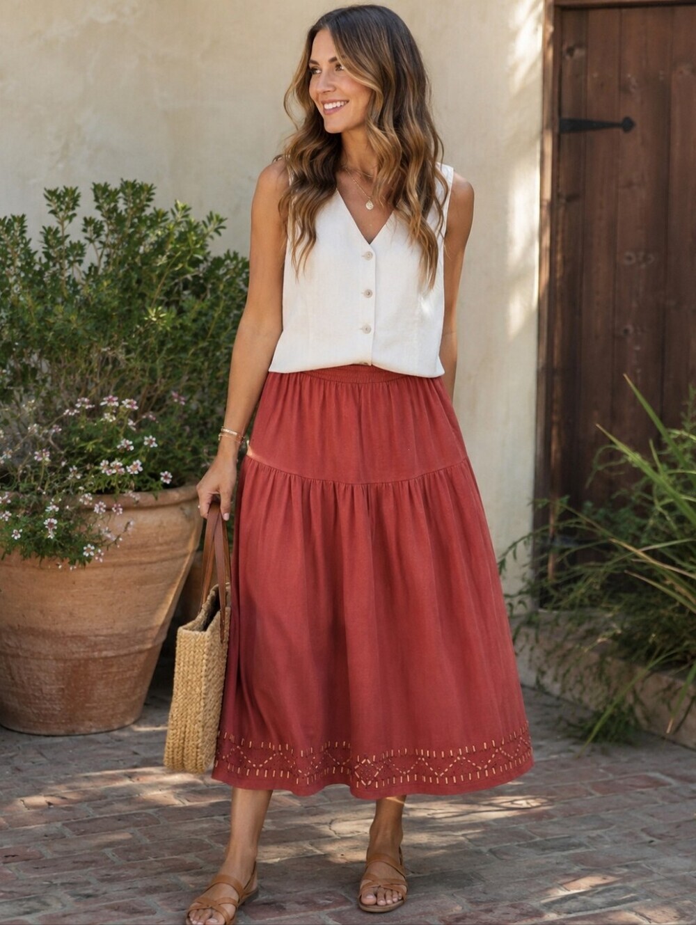 Vintage Ashley Hill Terracotta Tiered Maxi Skirt with Beaded Hem - Size Large